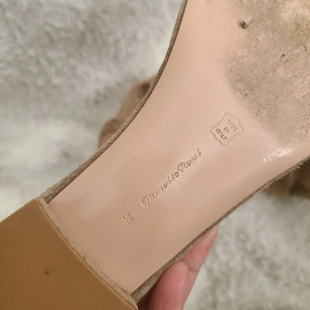 Gianvito Tan Suede Rhinestone Embellished‎ Ankle Strap Sandals sz 39